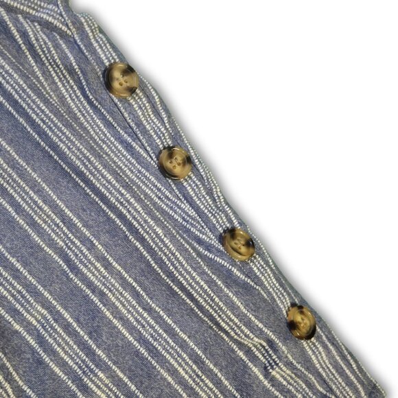 Retrology Blouse Big Button Accents Blue W/ White Strip Stitch - Picture 2 of 3